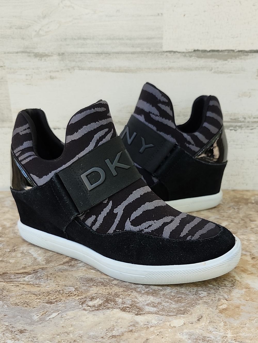 DKNY COSMOS SUEDE AND KNIT HIGH TOP WEDGE SNEAKER